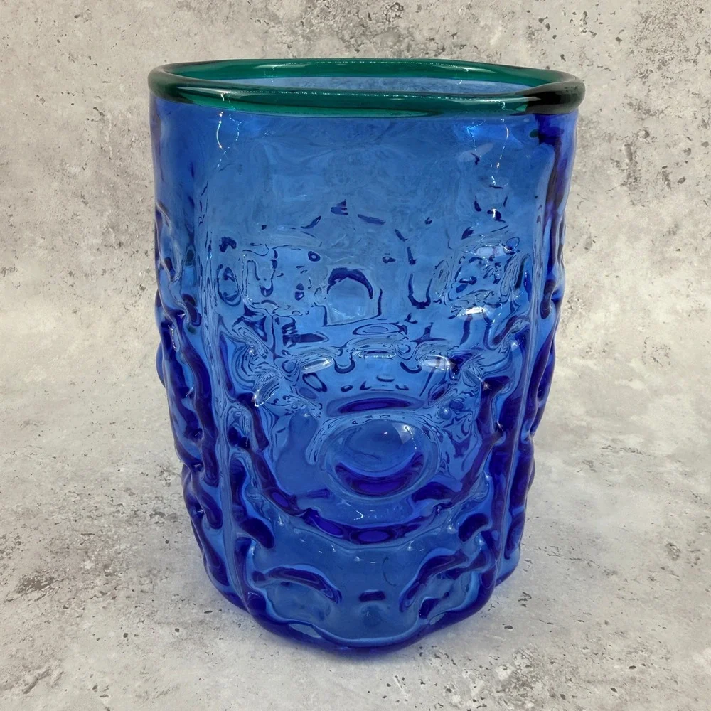 Blenko 9429 Hank Adams Azure Blue Vase Emerald Green Rim Abstract Textured